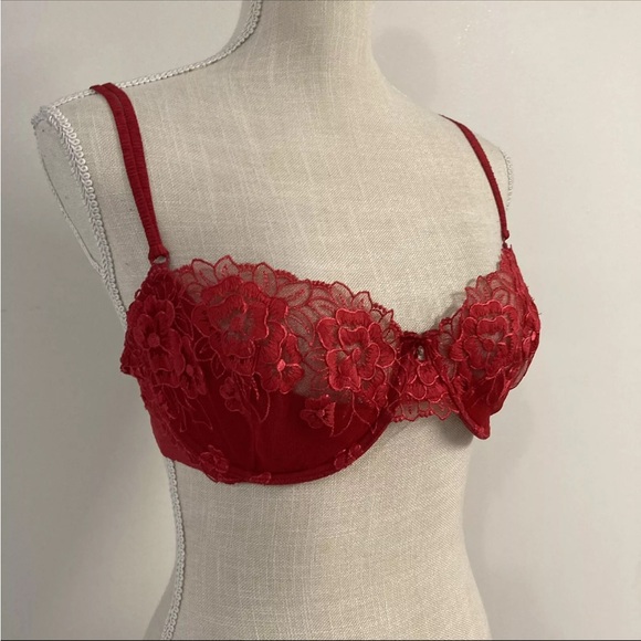 Victorias Secret 34D Dream Angels Padded Lined Balconet Bra Lacey Red Floral - Picture 3 of 8